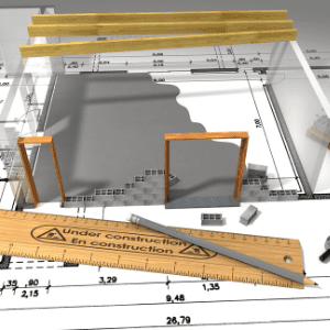 construction site blueprints and 3-D rendering of structures