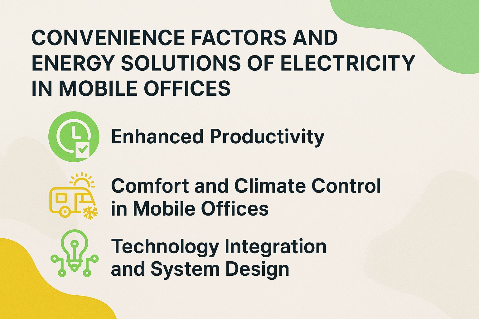Convenience Factors and Energy Solutions of Electricity in Mobile Offices